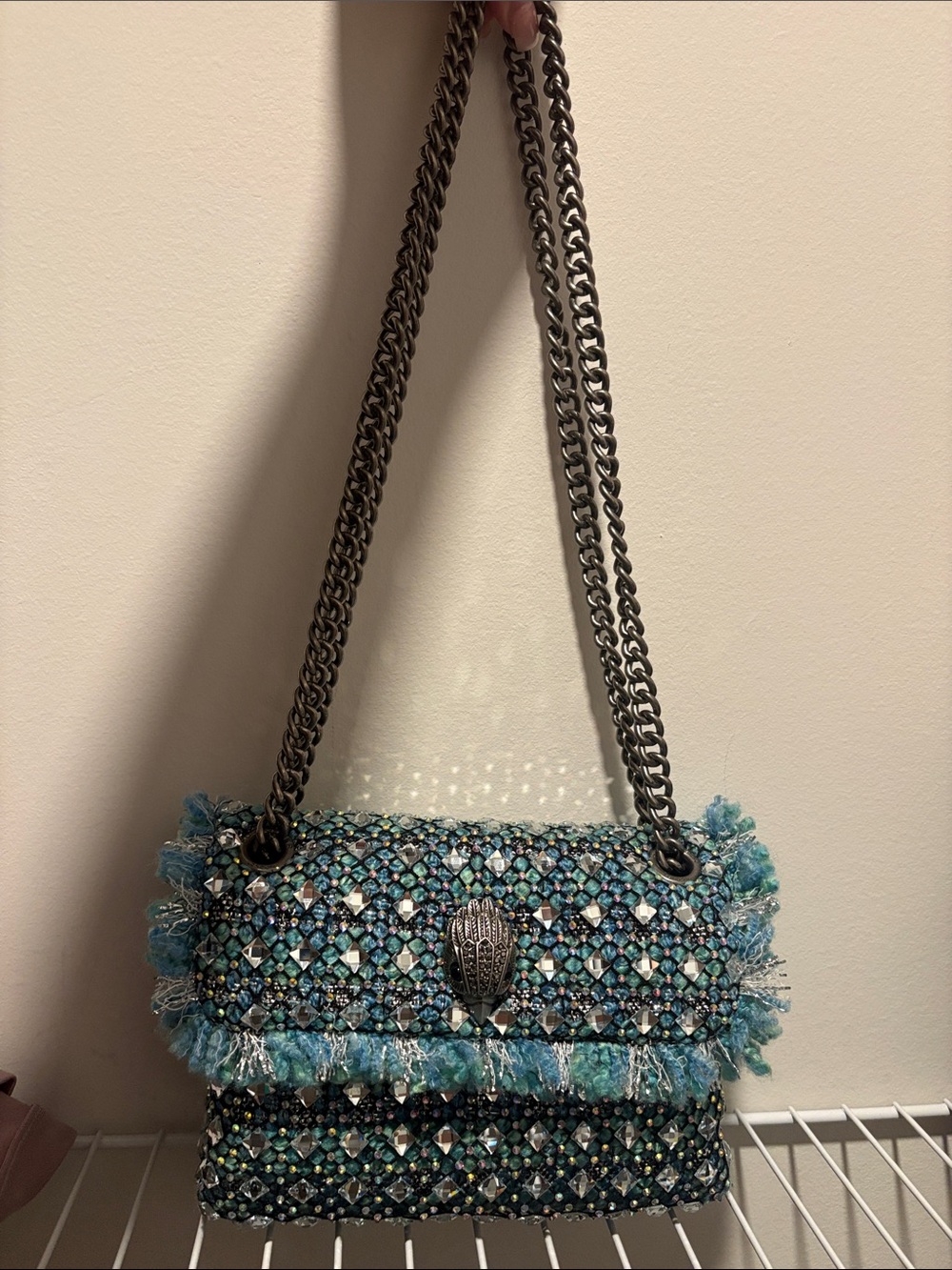 Kurt Geiger Teal and Silver Embellished Chain Shoulder Bag